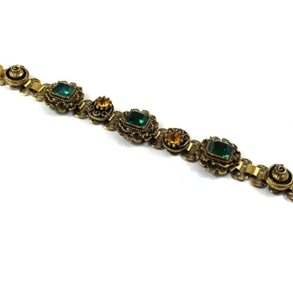 Vintage Gold-Tone Bracelet With Green & Amber Stones Floral Design 7.5